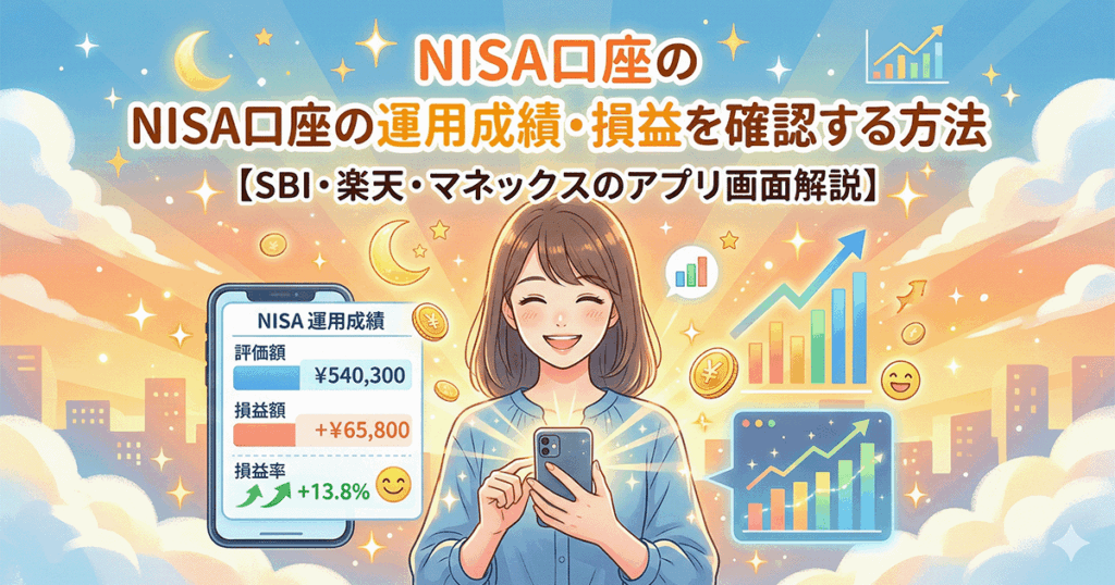 NISA口座の運用成績・損益を確認する方法を解説するイラスト。スマホで評価額・損益額・損益率を確認する女性と上昇チャートが描かれている
