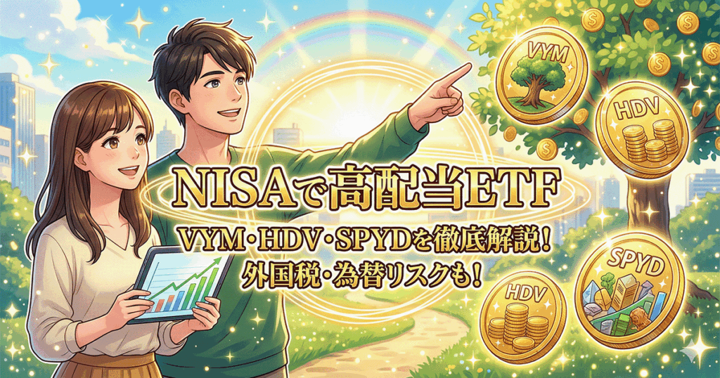 NISAで米国高配当ETF（VYM・HDV・SPYD）に投資し、明るい資産形成をイメージする男女のイラスト