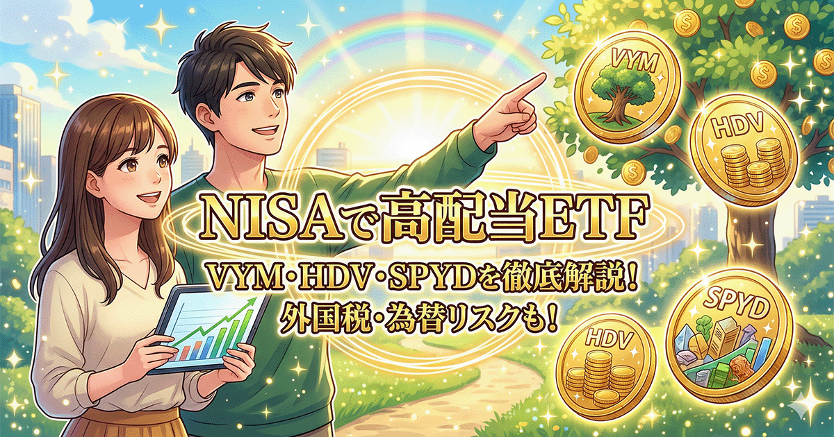 NISAで米国高配当ETF（VYM・HDV・SPYD）に投資し、明るい資産形成をイメージする男女のイラスト