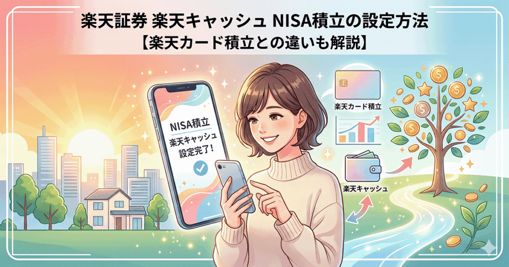 楽天証券での楽天キャッシュNISA積立設定をスマホで行う笑顔の女性と、資産成長をイメージした木のイラスト