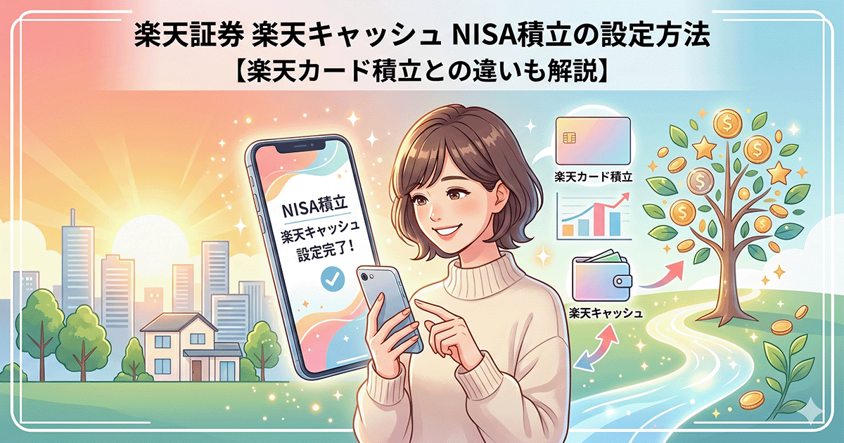 楽天証券での楽天キャッシュNISA積立設定をスマホで行う笑顔の女性と、資産成長をイメージした木のイラスト
