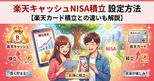 楽天キャッシュを使ったNISA積立の設定方法と、楽天カード積立との違いを解説する記事のアイキャッチ画像。笑顔でスマートフォンを操作する男女と、資産形成をイメージさせる右肩上がりのグラフや硬貨のイラスト。