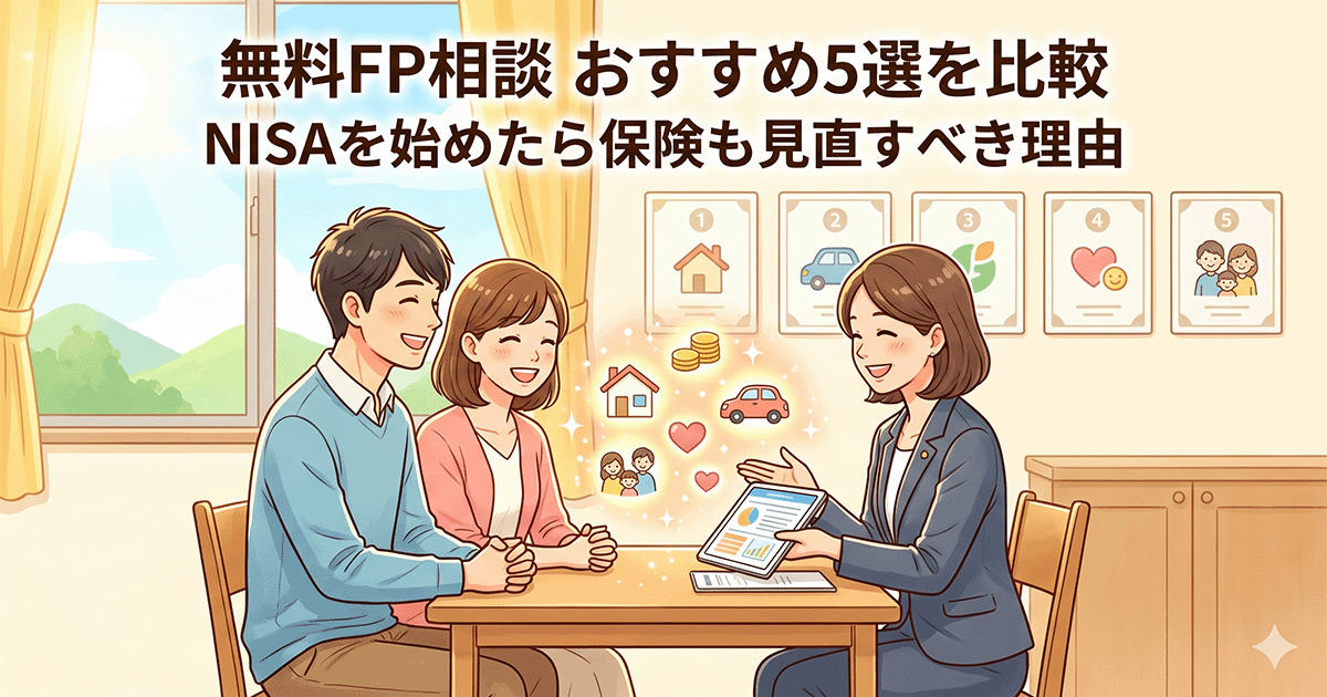 「無料FP相談 おすすめ5選を比較 NISAを始めたら保険も見直すべき理由」の文字と、若い夫婦が笑顔で女性ファイナンシャルプランナーに相談している明るいイラスト