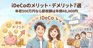 iDeCoのメリットとデメリット、節税効果について考える笑顔の夫婦のイラスト