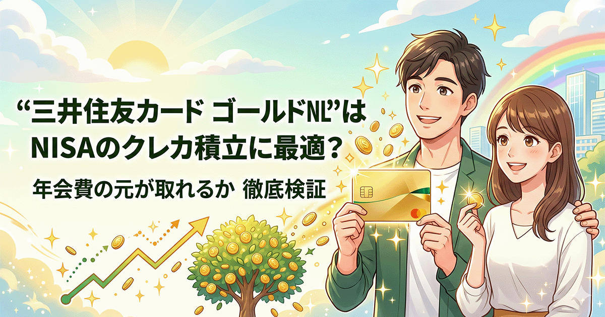 三井住友カード ゴールドNLはNISAのクレカ積立に最適？年会費の元が取れるか徹底検証のアイキャッチ画像。笑顔でゴールドカードを持つ男女と資産増加を示すグラフのイラスト