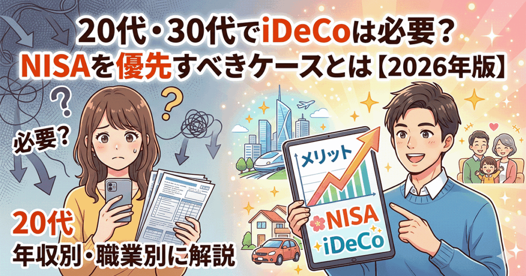 笑顔で老後資金（iDeCo）を受け取るシニア夫婦のイラスト。背景には日本の風景や家族の姿が描かれ、税金で損をしない明るい老後の未来を表現しています。画像には「iDeCoの受け取り方 一時金vs年金、税金で損しない出口戦略【2026年版】」と記載されています。