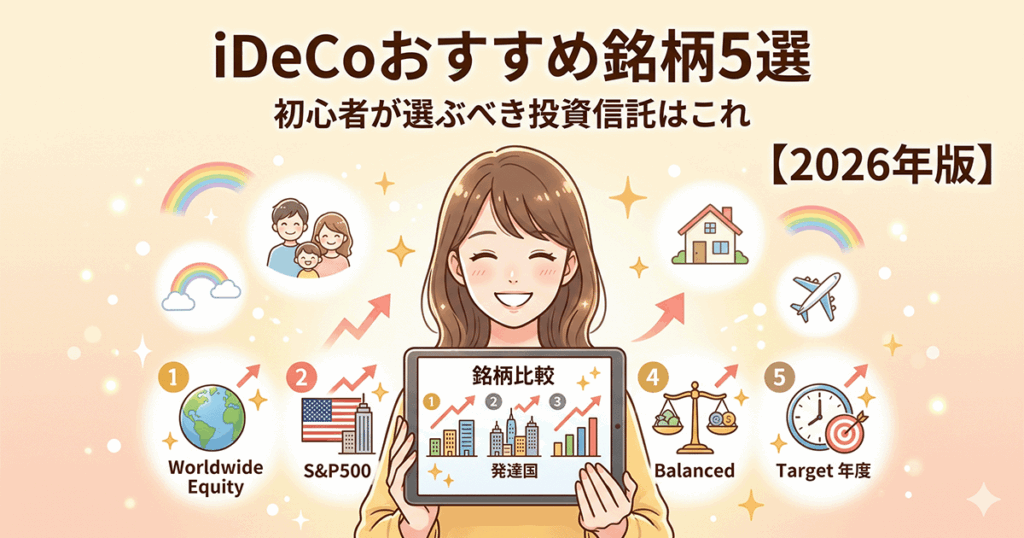 「iDeCoおすすめ銘柄5選｜初心者が選ぶべき投資信託はこれ【2026年版】」のアイキャッチ画像。笑顔の女性がタブレットで5つの投資信託を比較しているイラスト。