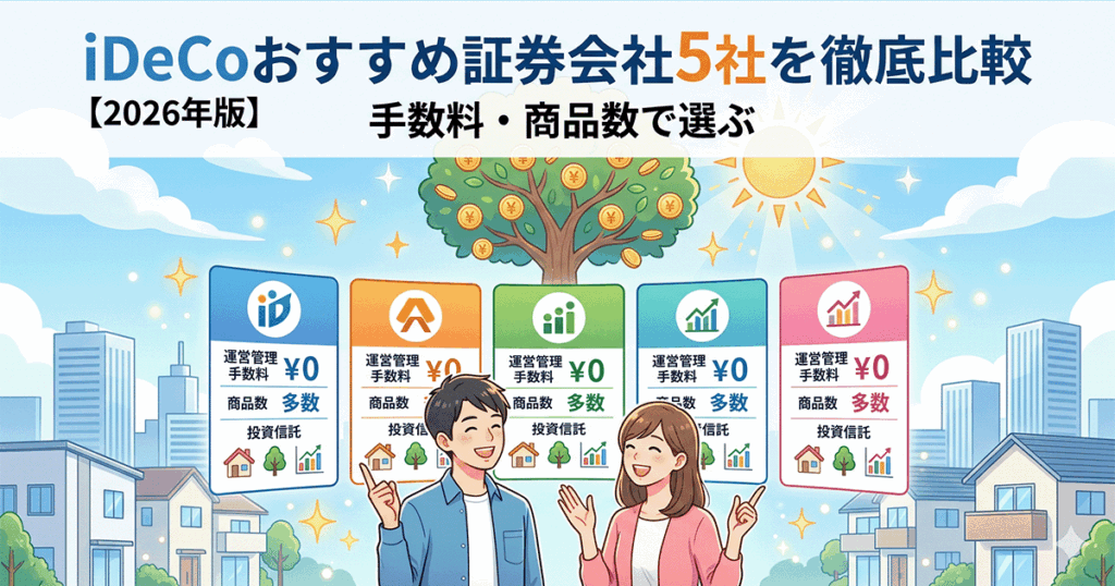 iDeCoおすすめ証券会社5社を徹底比較｜手数料・商品数で選ぶ【2026年版】のアイキャッチ画像。笑顔の男女が5つの金融機関の条件を比較しているイラスト。