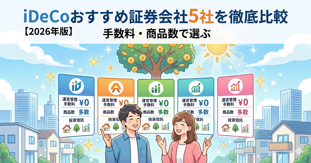 iDeCoおすすめ証券会社5社を徹底比較|手数料・商品数で選ぶ【2026年版】のアイキャッチ画像。笑顔の男女が5つの金融機関の条件を比較しているイラスト。
