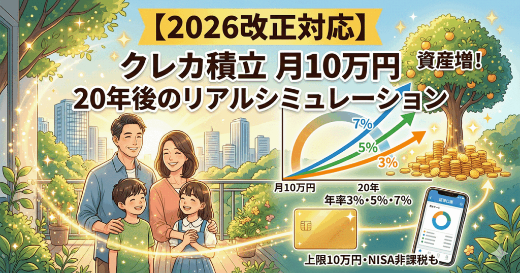 クレカ積立月10万円の20年後シミュレーション。明るい未来を見据える家族と、年率3%・5%・7%の資産推移グラフ、ゴールドカード、豊かな資産を表現したイラスト。
