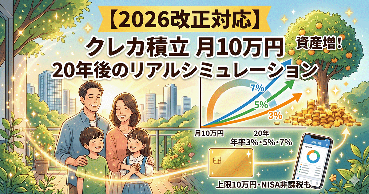 クレカ積立月10万円の20年後シミュレーション。明るい未来を見据える家族と、年率3%・5%・7%の資産推移グラフ、ゴールドカード、豊かな資産を表現したイラスト。