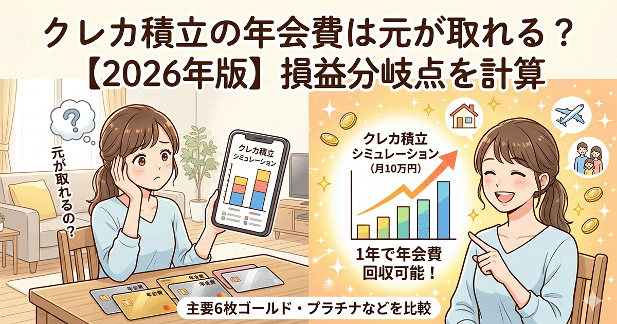 「クレカ積立の年会費は元が取れる？【2026年版】損益分岐点を計算」のタイトル文字。年会費の元が取れるか悩む女性と、シミュレーション結果を見て明るい未来を想像し笑顔になる女性の対比イラスト。