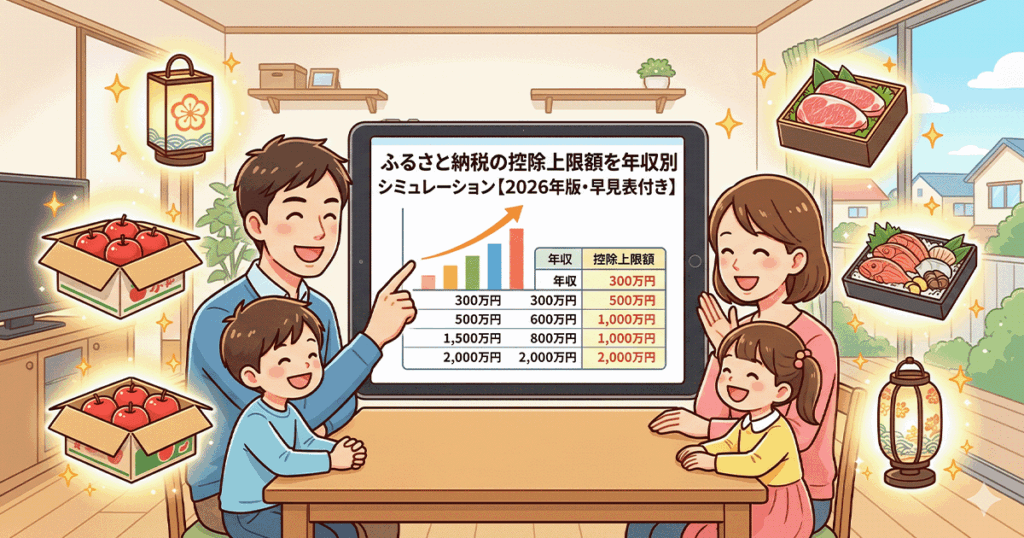 2026年版ふるさと納税の控除上限額を年収別シミュレーション・早見表で確認する笑顔の家族のイラスト