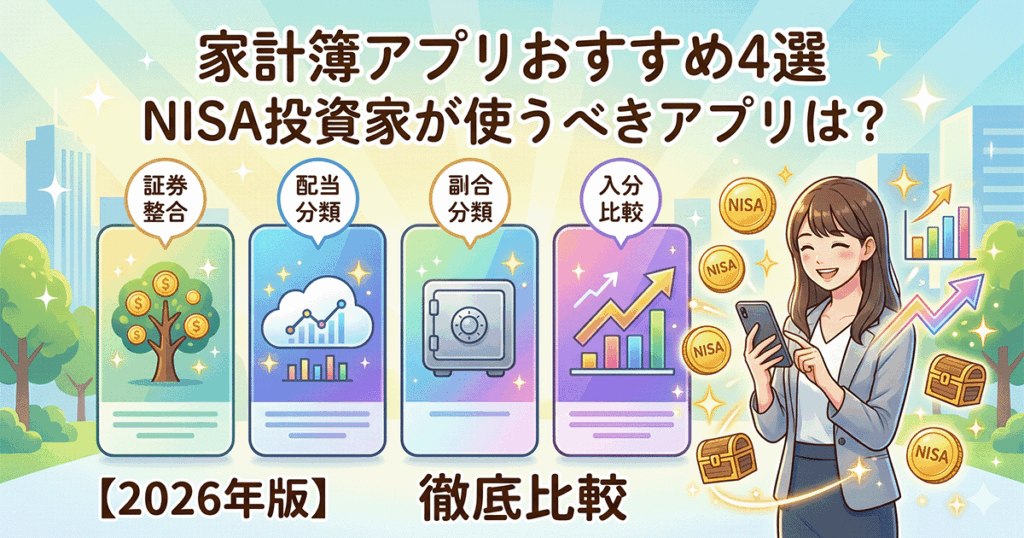 NISA投資家向け家計簿アプリおすすめ4選を徹底比較する2026年版ブログ記事のアイキャッチ画像。笑顔でスマホを操作する女性と、証券連携などを表す4つのアプリ画面、NISAコインが明るいタッチで描かれています。