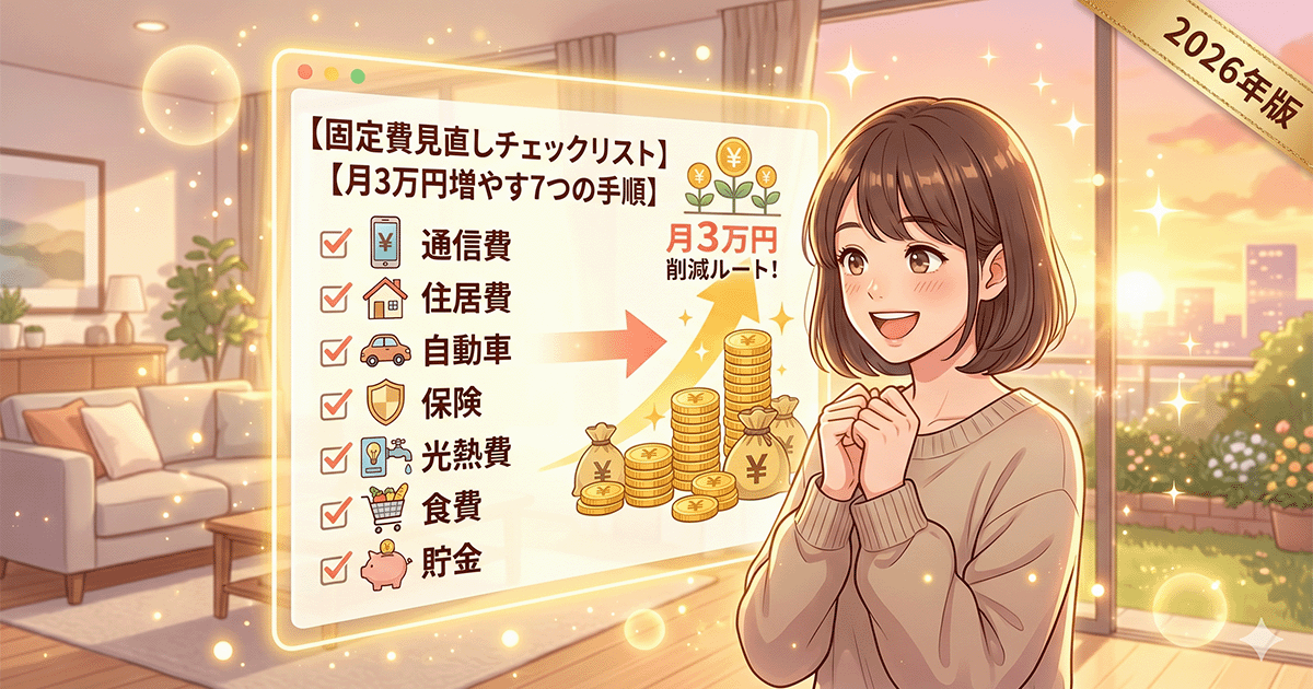 固定費見直しのチェックリストを見て笑顔になる女性のイラスト。月3万円の投資原資を作る節約手順を表現しています。