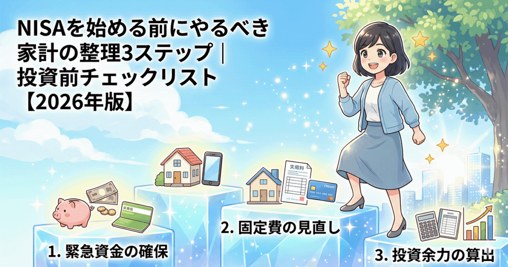 「NISAを始める前にやるべき家計の整理3ステップ」のアイキャッチ画像。投資準備として、緊急資金の確保、固定費の見直し、投資余力の算出という3つのステップを、明るい未来へ向かって階段を上る女性のイラストで表現しています。