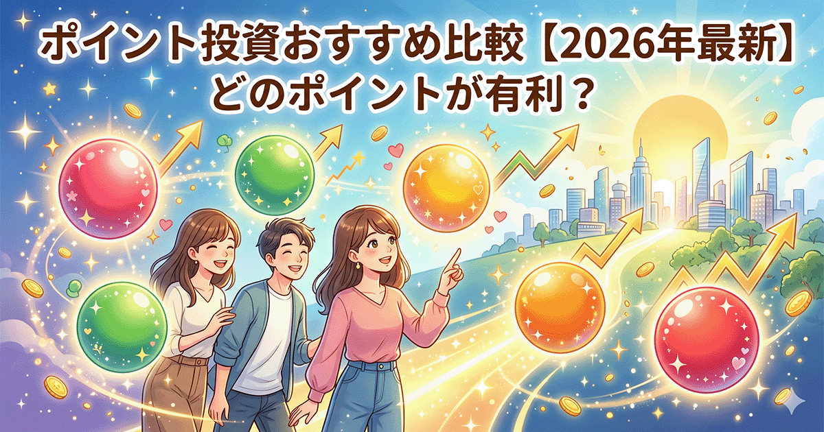 ポイント投資おすすめ比較【2026年最新版】のアイキャッチ画像。5種類のポイント（楽天・V・d・Ponta・楽天キャッシュ）を比較し、資産形成で明るい未来を見据える男女のイラスト。