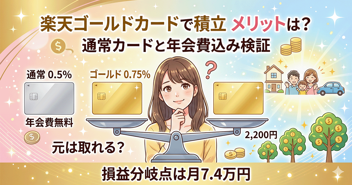 楽天ゴールドカードと通常カードの積立メリットや、年会費の損益分岐点を比較して悩む女性のイラスト