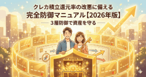 「クレカ積立還元率の改悪に備える完全防御マニュアル【2026年版】」のタイトル文字と、複数のクレジットカードを盾にして笑顔で資産を守る男女を描いた、明るい未来を象徴するイラスト。
