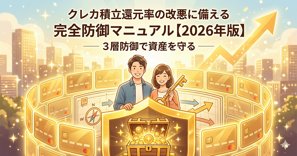 「クレカ積立還元率の改悪に備える完全防御マニュアル【2026年版】」のタイトル文字と、複数のクレジットカードを盾にして笑顔で資産を守る男女を描いた、明るい未来を象徴するイラスト。