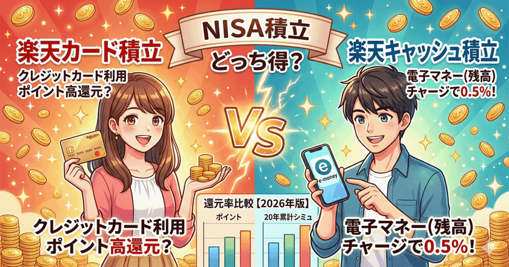 楽天カード vs 楽天キャッシュ NISA積立どっち得？還元率比較【2026年版・20年累計シミュ】